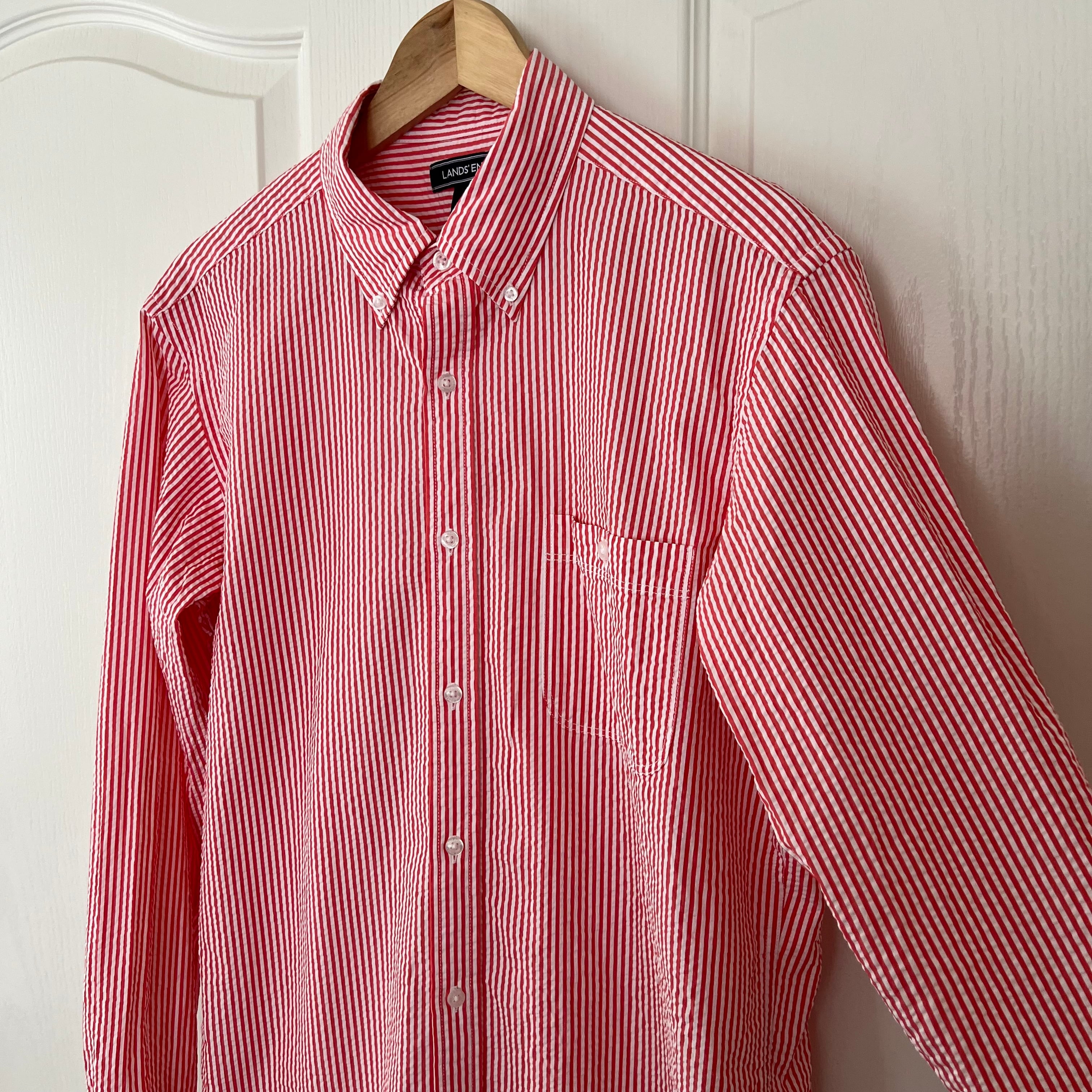 LANDS'END ランズエンド ストライプ シアサッカー 長袖 シャツ L