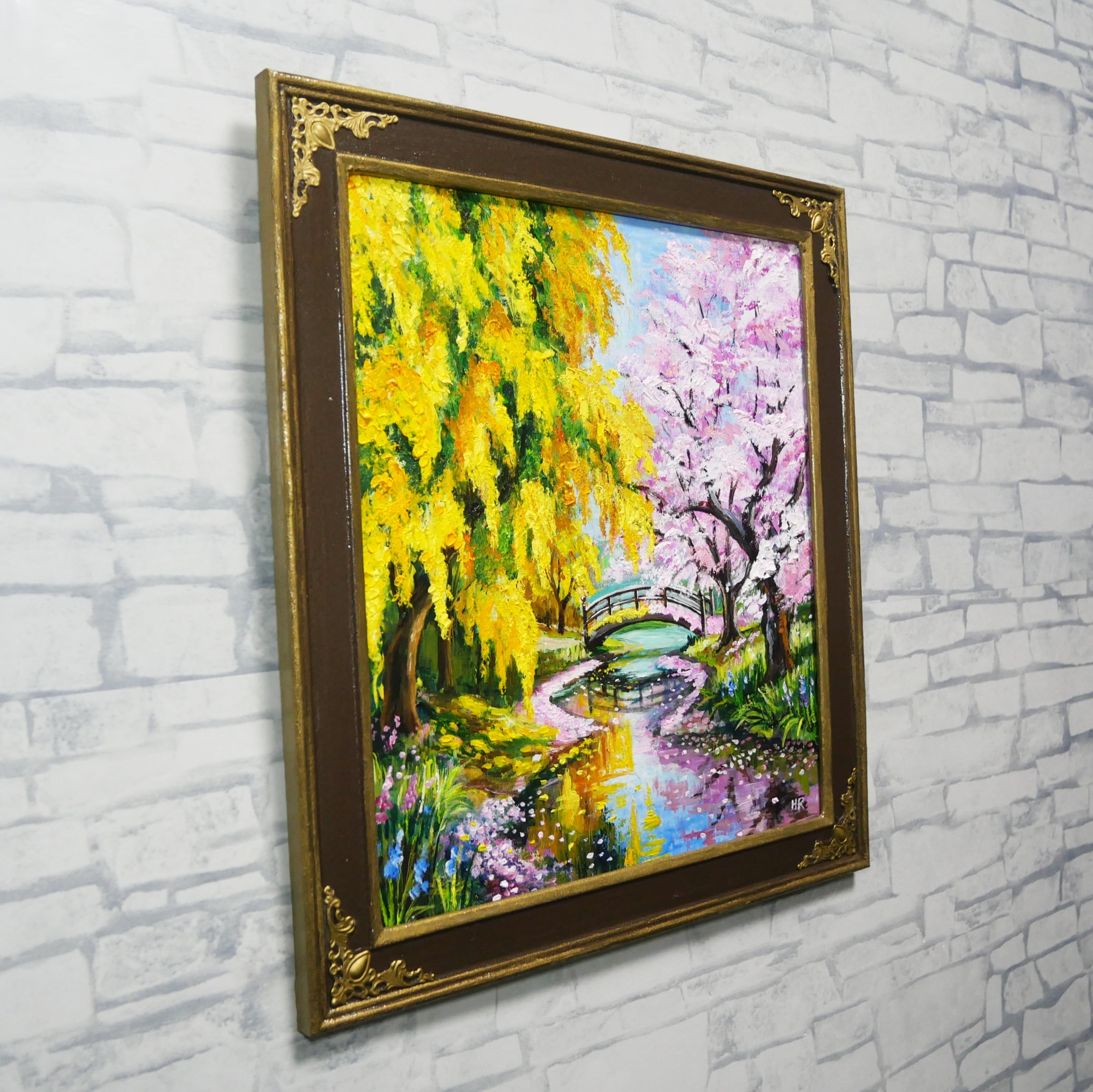油絵 原画「陽だまりの庭園 〜桜とミモザの咲く日〜」 手描き 一点物