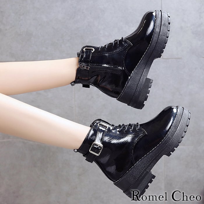 RomelCheo ショート ジョッパー ブーツ 厚底 黒 エナメル シューズ 靴