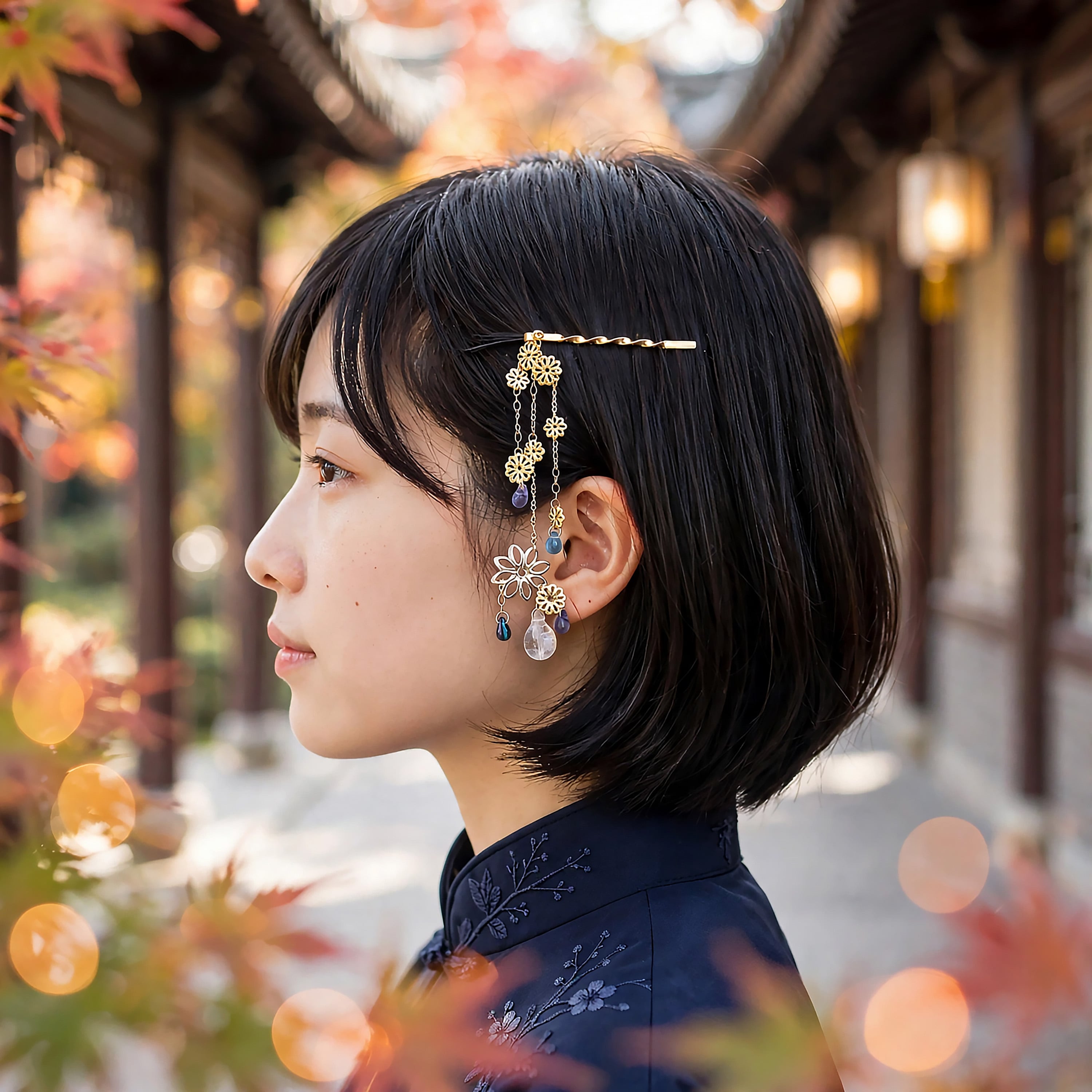 ヘアピン「こんこんと見ゆ」【チェコビーズ】軽量快適・ショートヘアも簡単アレンジ。