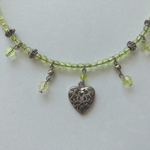 Vintage green beads silver tone heart choker ヴィンテージ グリーン ビーズ シルバートーン ハート チョーカー OBAKEPEACH