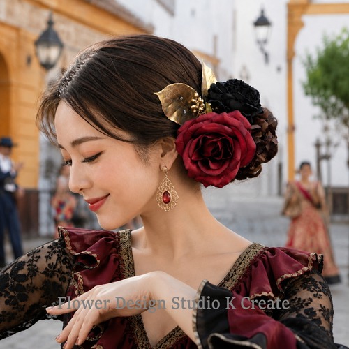 ダークレッド薔薇とブラックラナンキュラスの秋冬フローレス髪飾り｜フラメンコ・成人式・袴・ステージ向けブーケ髪飾り