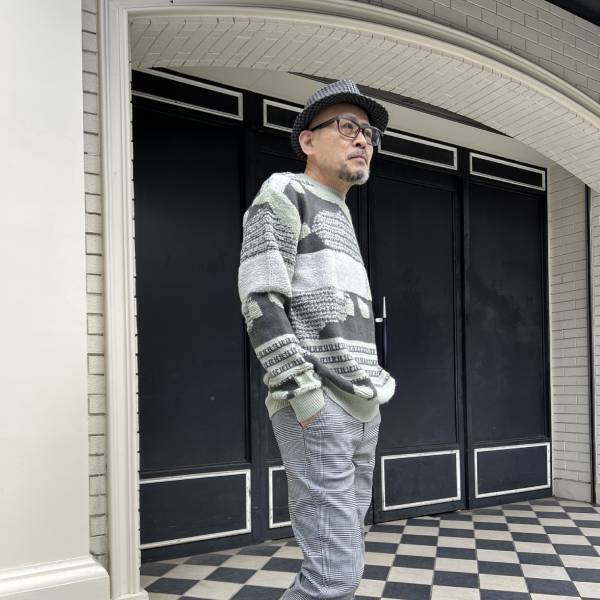 グリーン 幾何学柄ミドルゲージニット オーバーサイズ 秋冬セーター