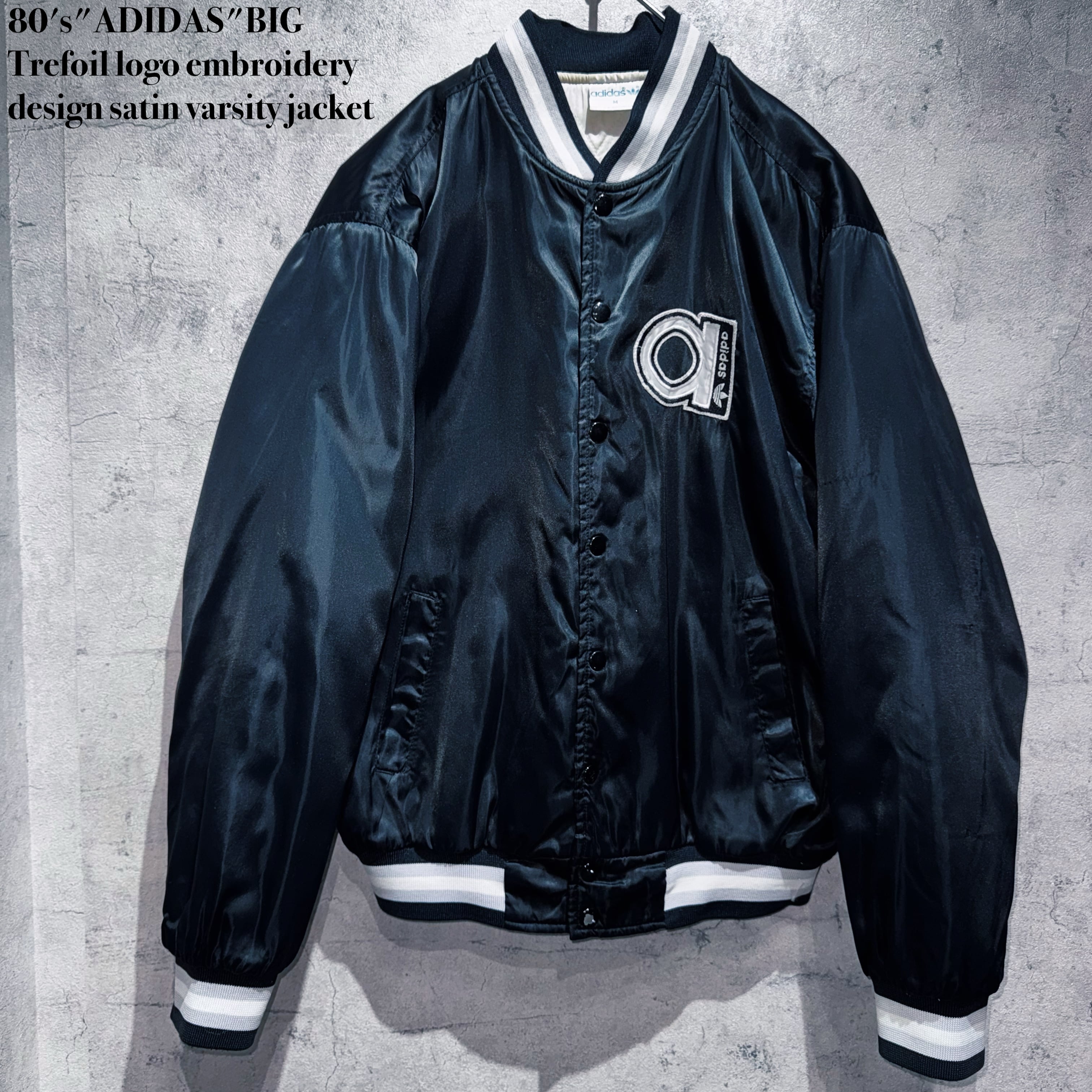 80's"ADIDAS"BIG Trefoil logo embroidery design satin varsity jacket