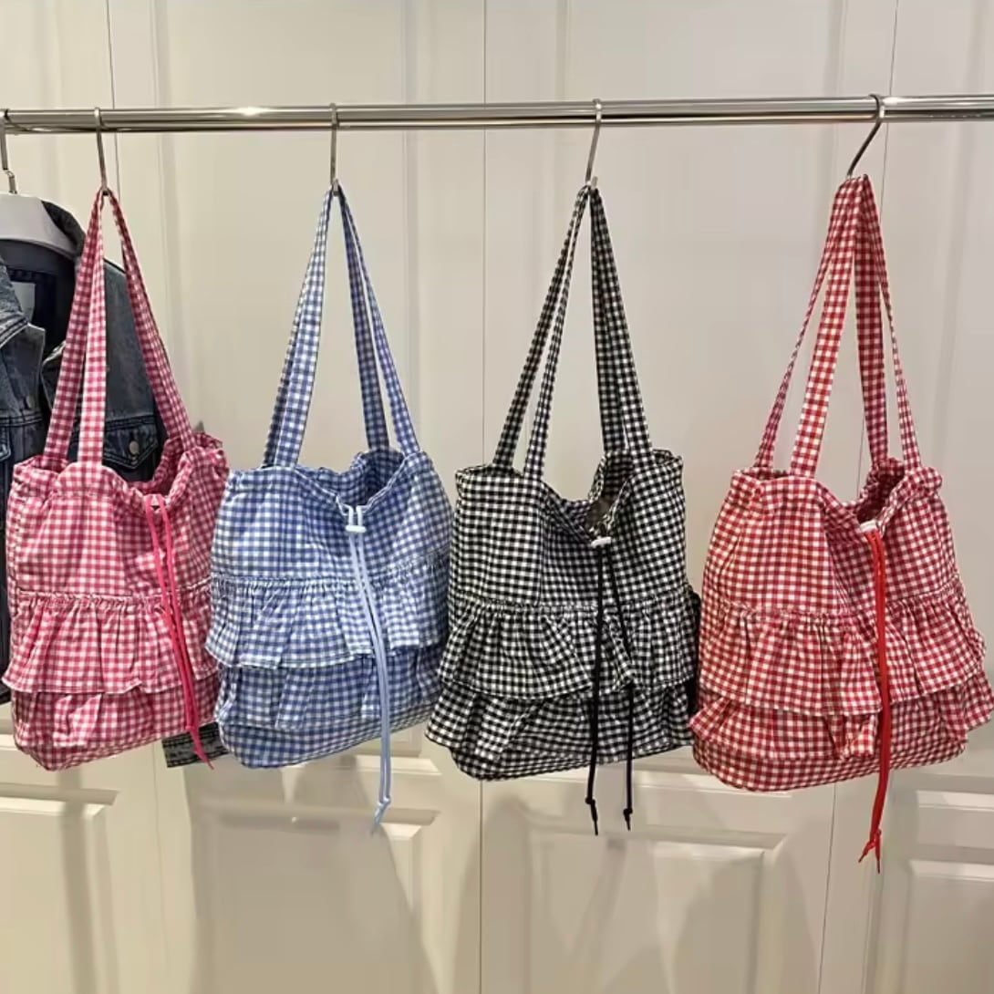 frill gingham check tote bag
