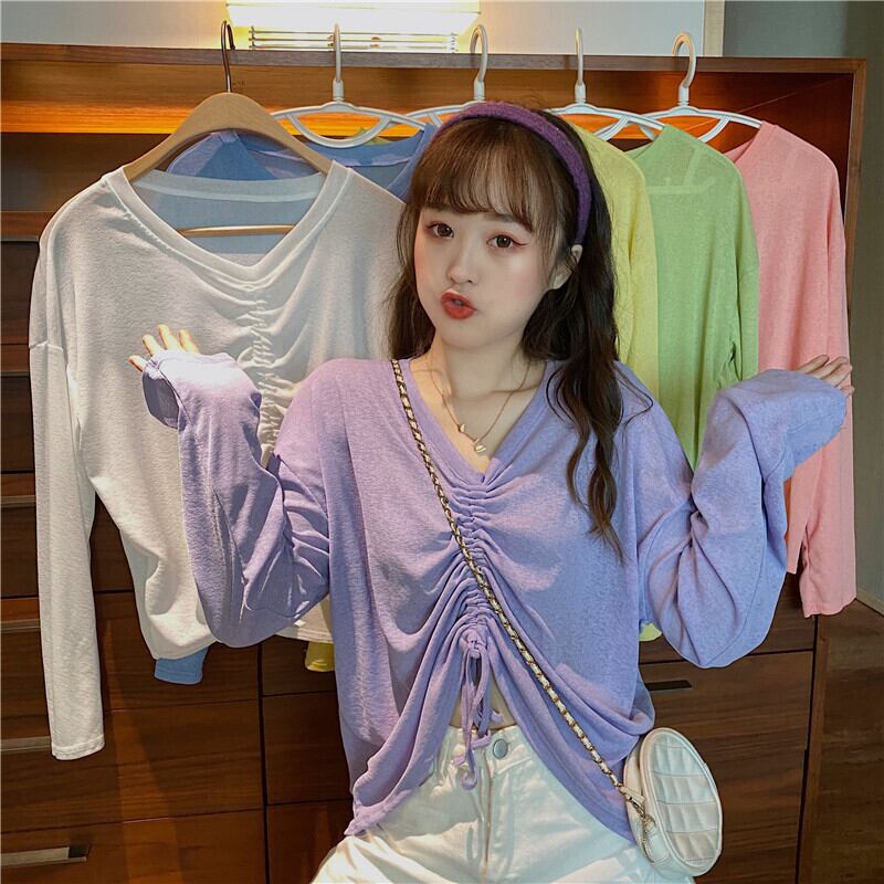 ウィンターオータムレッドギャザールーズVネックトップス 薄手Tシャツ レディース 秋物 冬物 YY-ファッション79311778871