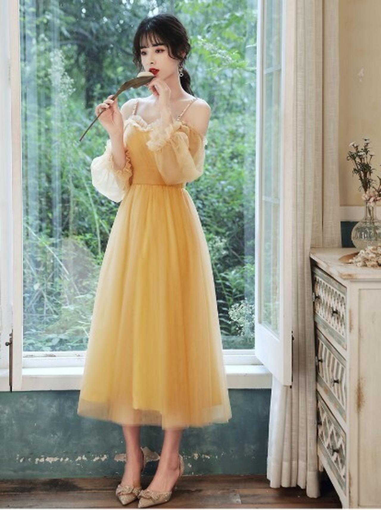 高品質！ パーティードレス ミモレ丈 イエロー ベアトップ 可愛い  