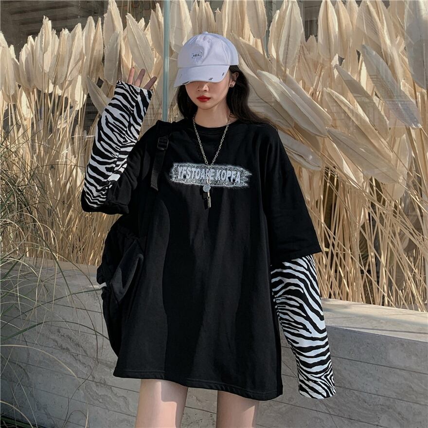 サブカル 服 地雷系 通販 Tシャツ フェイクツーピース ゼブラ柄