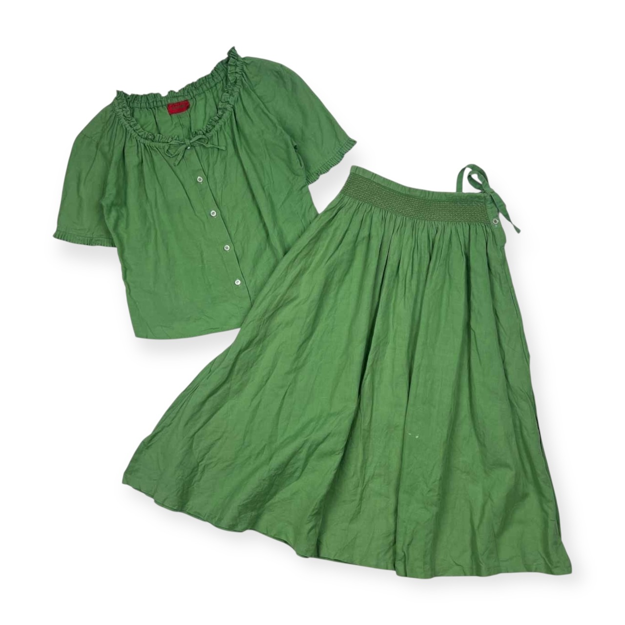 90s 上下 KENZO ケンゾー リネン混 半袖 ブラウス スカート M/グリーン レディース 希少レア ビンテージ
