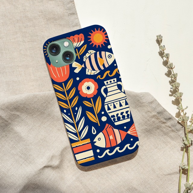 受注生産 iPhoneケース 青背景の魚と花の民芸柄｜魚モチーフ FMSY091B