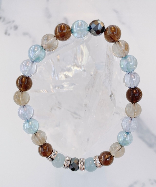 スモーキークォーツライト・アクアオーラ・コスモオーラ・アクアマリン・ヘマタイト・ロンデルシルバー　19cm　＝発想力を開花・勝負強さ・ストレス鎮静・深海の神秘　＝　33-2-1