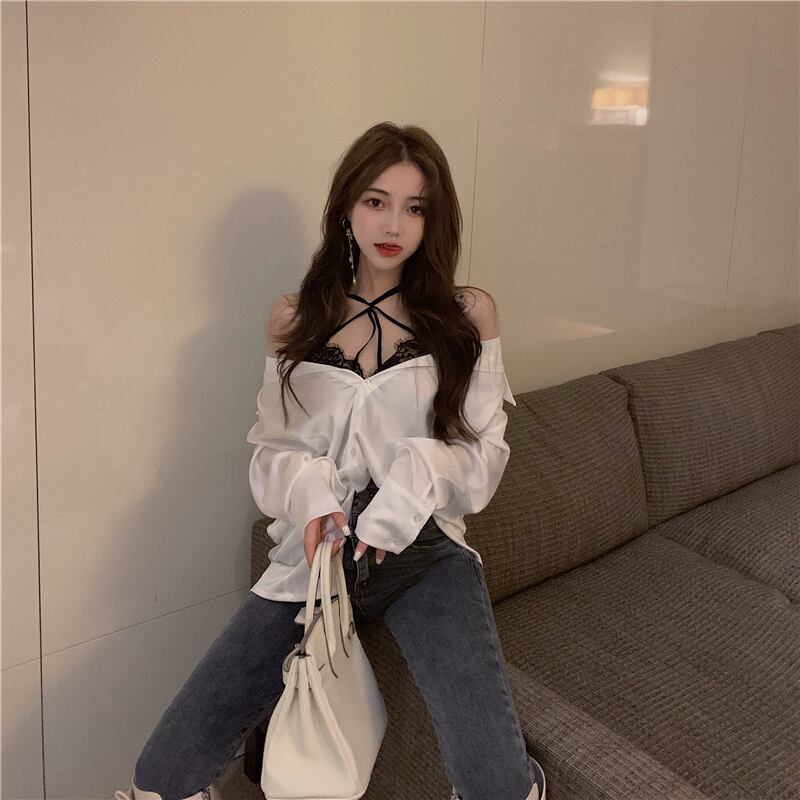 フェイクツーピースデザインホワイトシャツレディース秋ルーズレイジースタイル長袖シャツニッチミドル丈トップ ブラックストロベリース32895435282