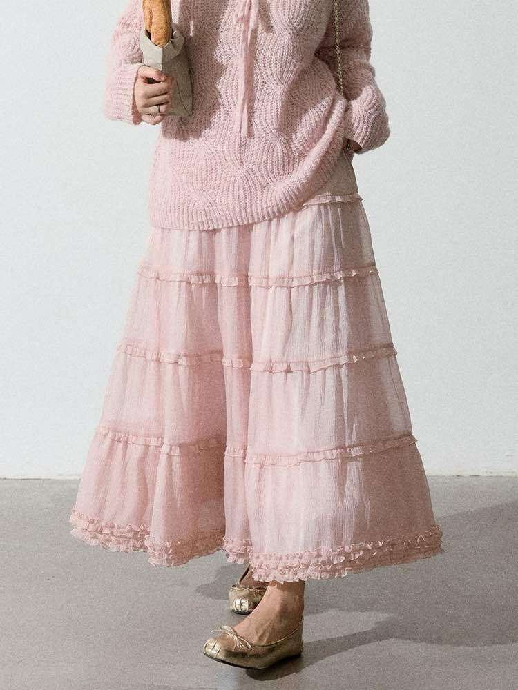 トレンド×ガーリーの最旬バランス♪ 可愛い トレンド ミディ丈 おしゃれ 透け感 フェミニン フリル おでかけ デート 体型カバー 大きいサイズ 韓国 CH11344