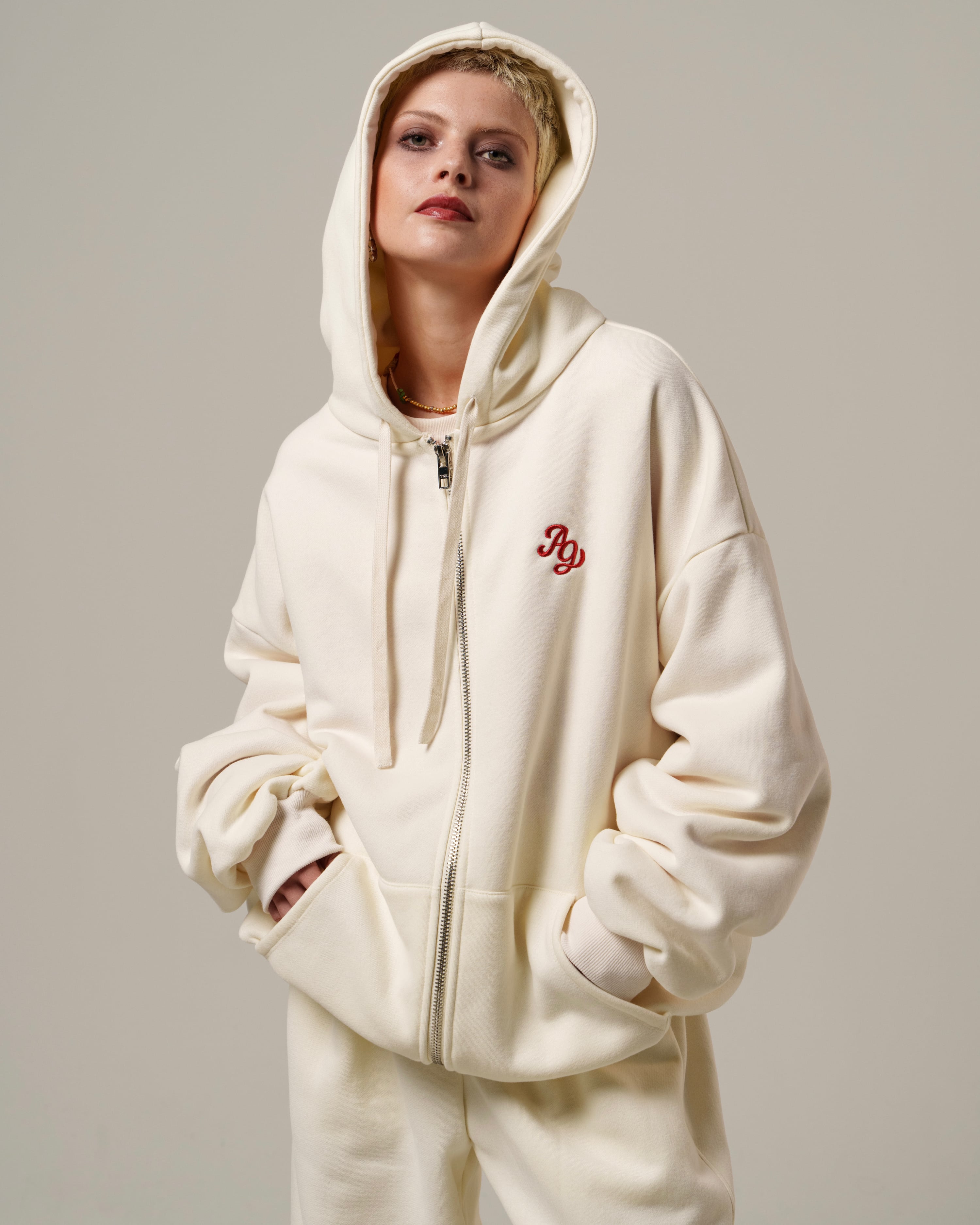 AG Hoodie Zip Up-White Musk