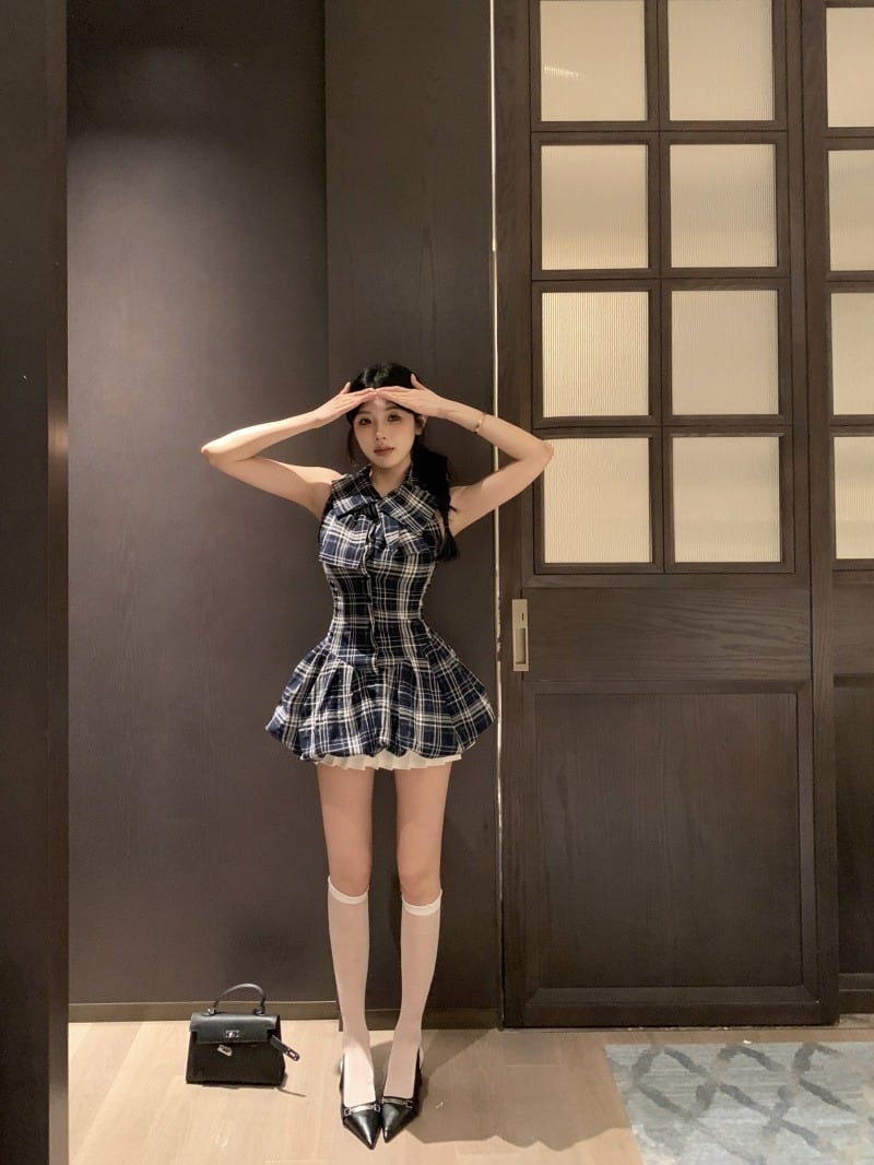 S~L♡チェック柄ノースリーブAラインミニワンピース S~L♡チェック柄ノースリーブAラインミニワンピース