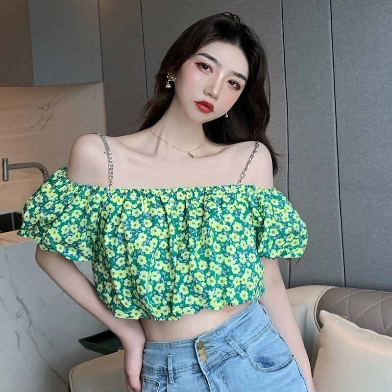 サマースタイルフローラルショートシャツ トップス レディース 夏物 花柄 オフショルダー ハンチェンe62741240426