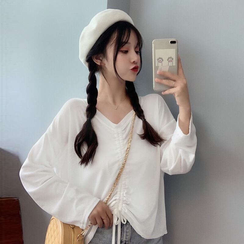 小さくてフレッシュでシンプルな巾着秋の服Vネックルーズトップ春秋スーパーフェアリー長袖Tシャツレディース2020新トレンド 萌量不足2791375872