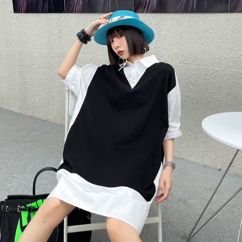 シャツ スカート ブラックホワイトドレス ルーズスリム ステッチ ラブタオタオダレンハウス71797906217