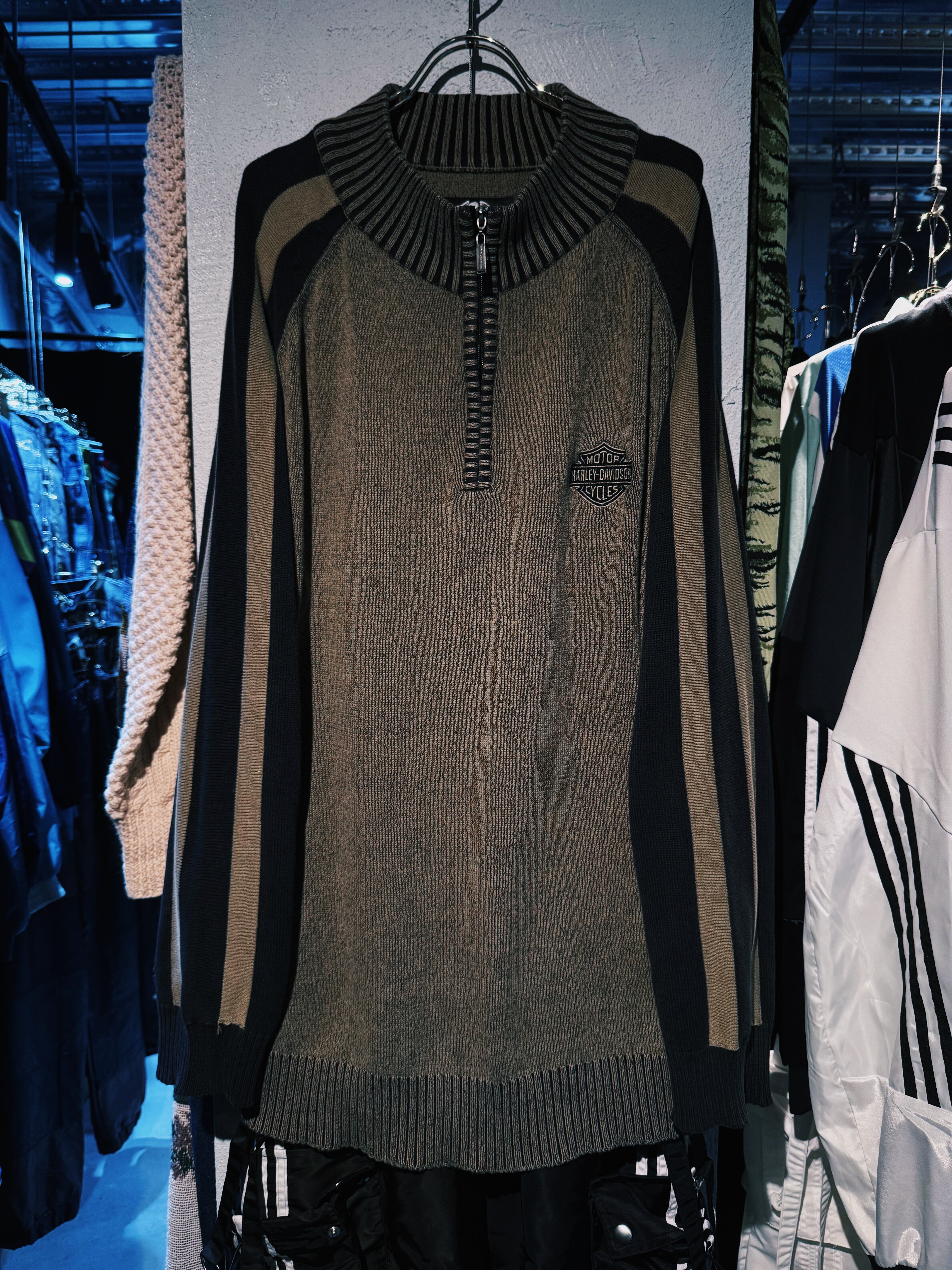 【D4C】90's vintage "Harley-Davidson" logo patchwork design half zip drivers knit