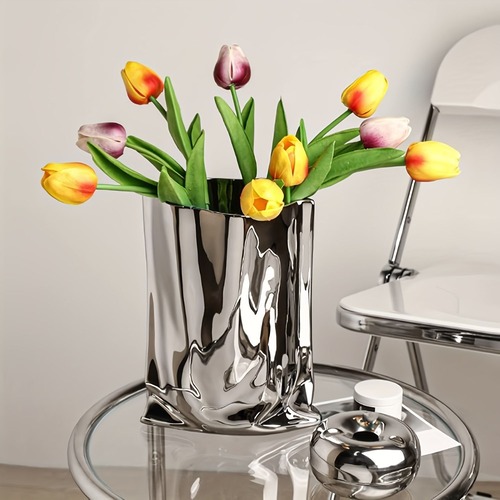 銀色のセラミック花瓶 フラワーベース 背の高いモダンなシンプルなフラワーアレンジメント花瓶 クリエイティブな手作り紙袋モデリング 家の装飾 リビングルーム オフィス ダイニングテーブル 結婚式  誕生日 お祝い ギフト