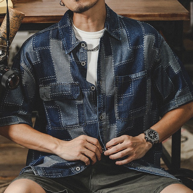 Jacquard check vintage denim shirt