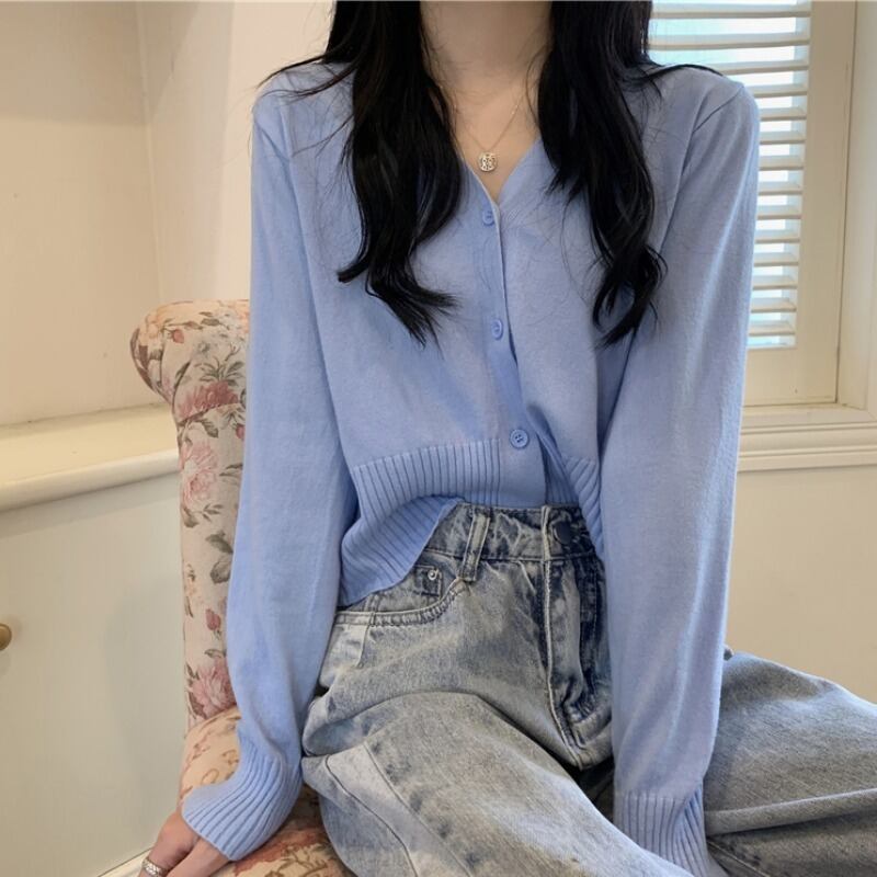 オータムスタイルVネックソリッド カラールーズニットカーディガンシャツ ロング 秋物 ソリッドカラー ハンチェンe42293082065