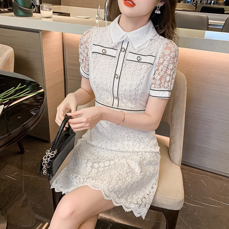 ワンピース レディース フレア 総レース バイピング バイカラー 透け感 ミディアム丈 膝下丈 ミモレ丈 半袖 パフスリーブ 前開き ボタン 襟付き 襟あり 清楚 上品 かわいい 可愛い シンプル カジュアル おしゃれ レトロ キュート ガーリー ホワイト 無地 春 夏 秋 10代 20代 30代 OL 通勤 学生 通学 デートお出かけ 女子会 パーティー イベント 着回し 韓国系 ファッション コーデ スタイル 楽ちん モテ 流行 S M L XL インスタ映え 定番 送料無料