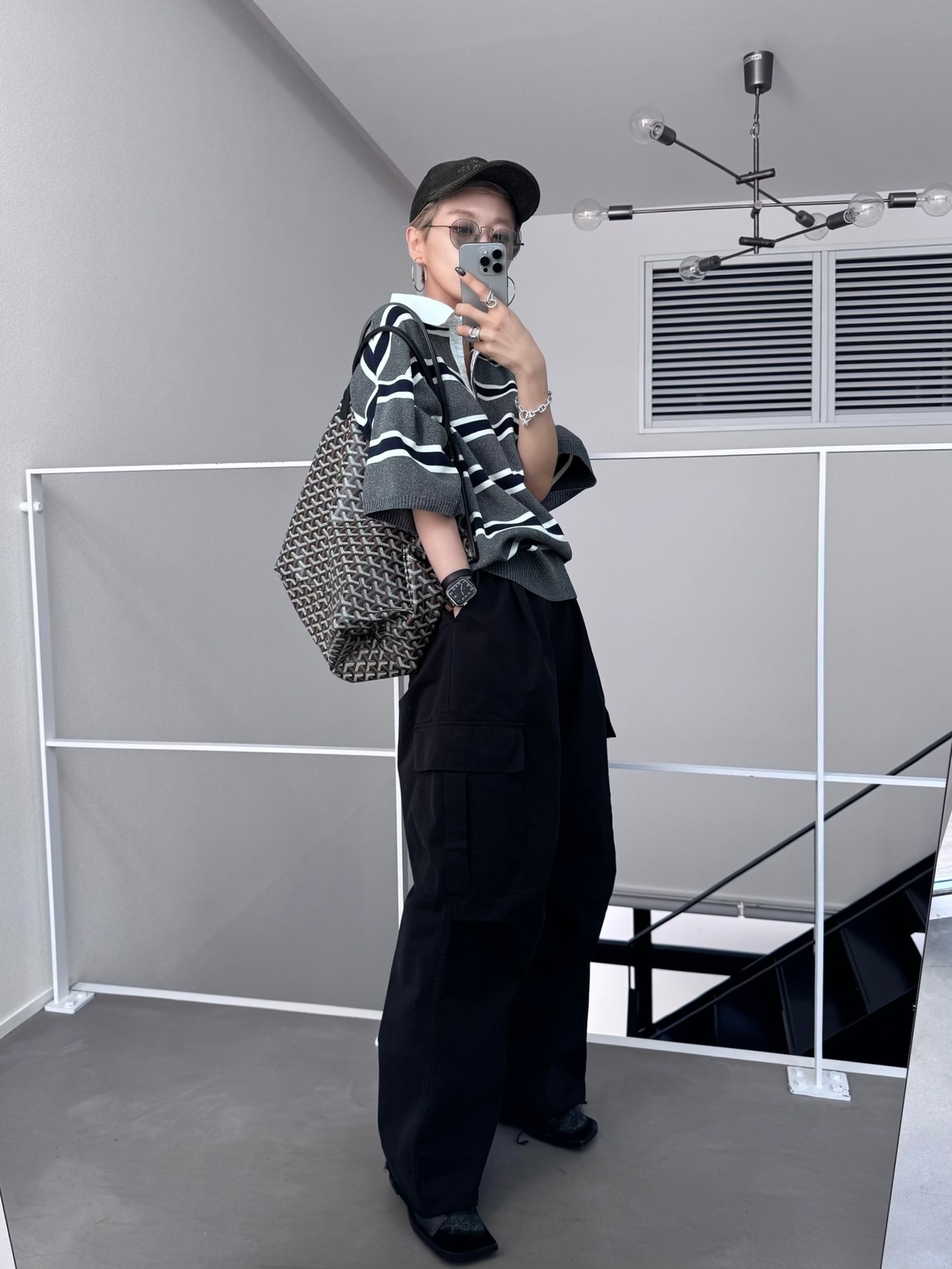 襟付半袖シャツknit/ボーダー