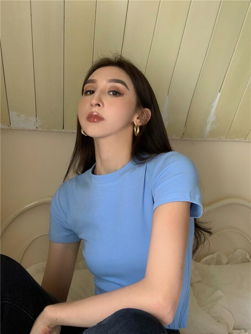 ラウンドネックTシャツ シャツ サマーショートスリムトップス 夏物 Oネック ブラックストロベリース68390305108