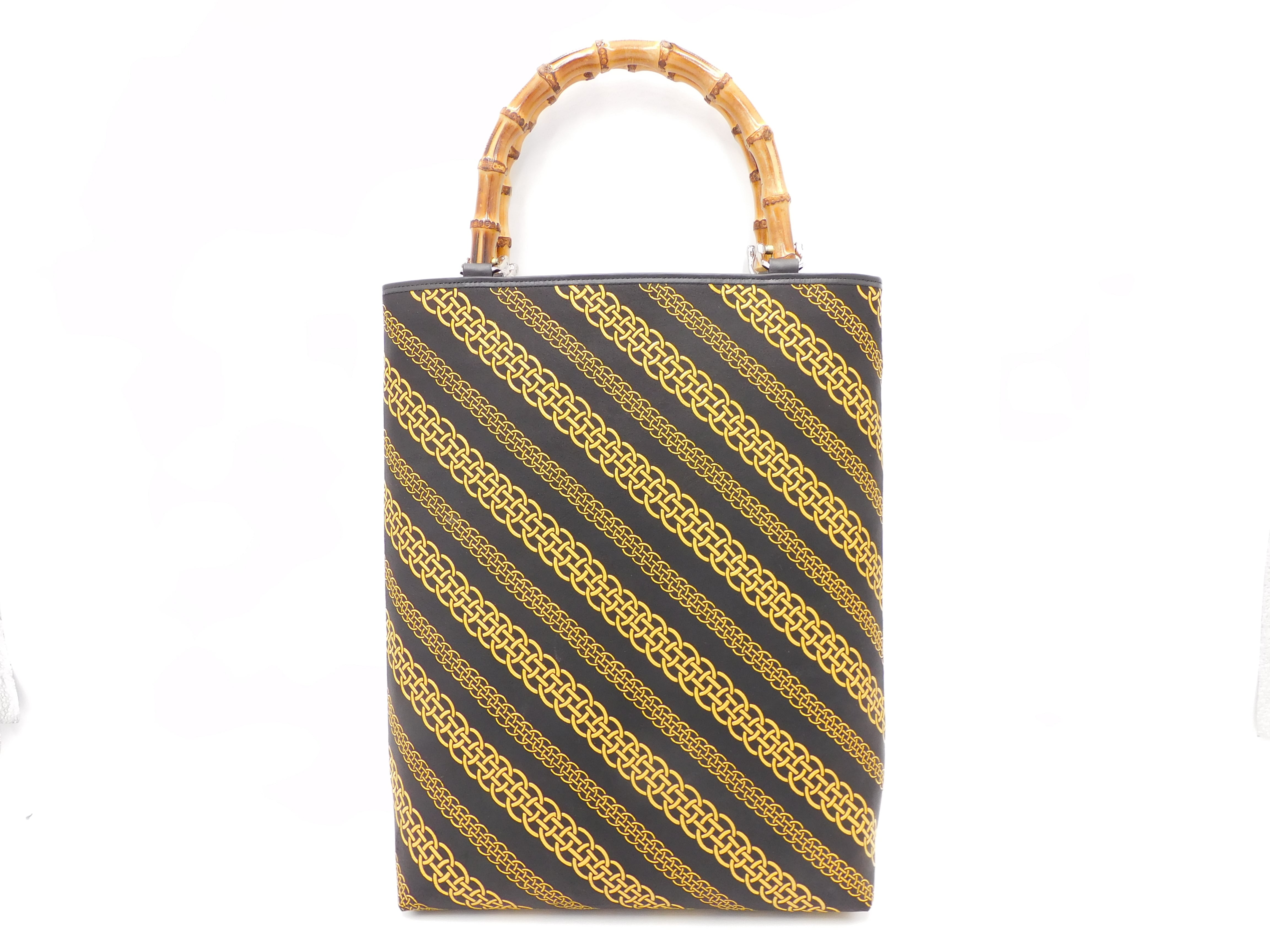 バンブー手提げ 黒/黄 輪繋ぎ柄