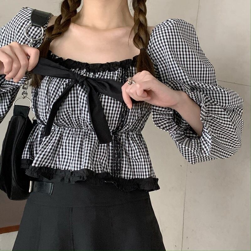 スリーブカラートップス レディースリボン格子柄シャツ スクウェア ドラファッションホール40038253116