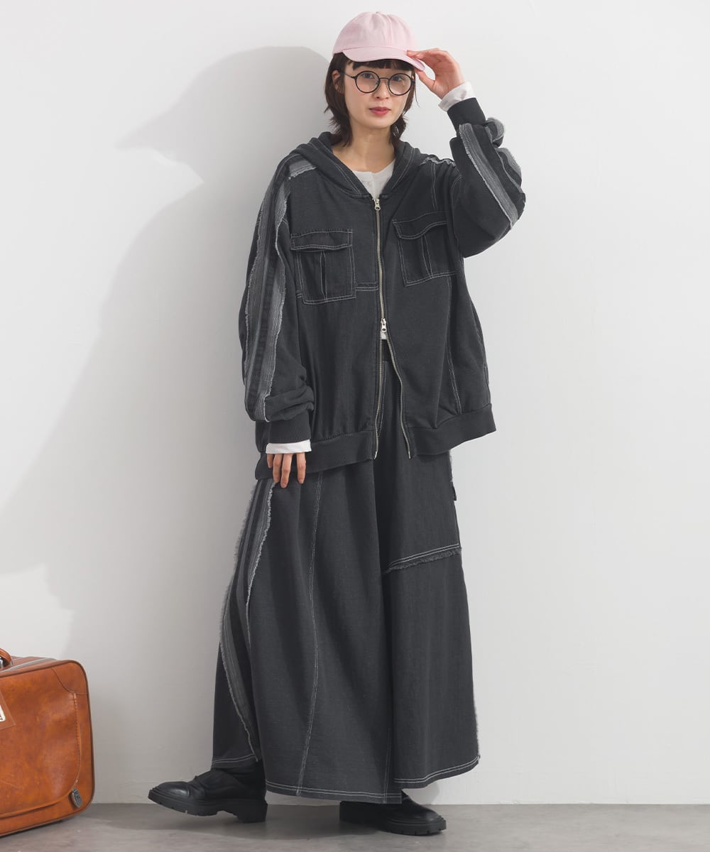 K261012 デニム切り替えZIPパーカー / Denim-Look Panel Zip Hoodie