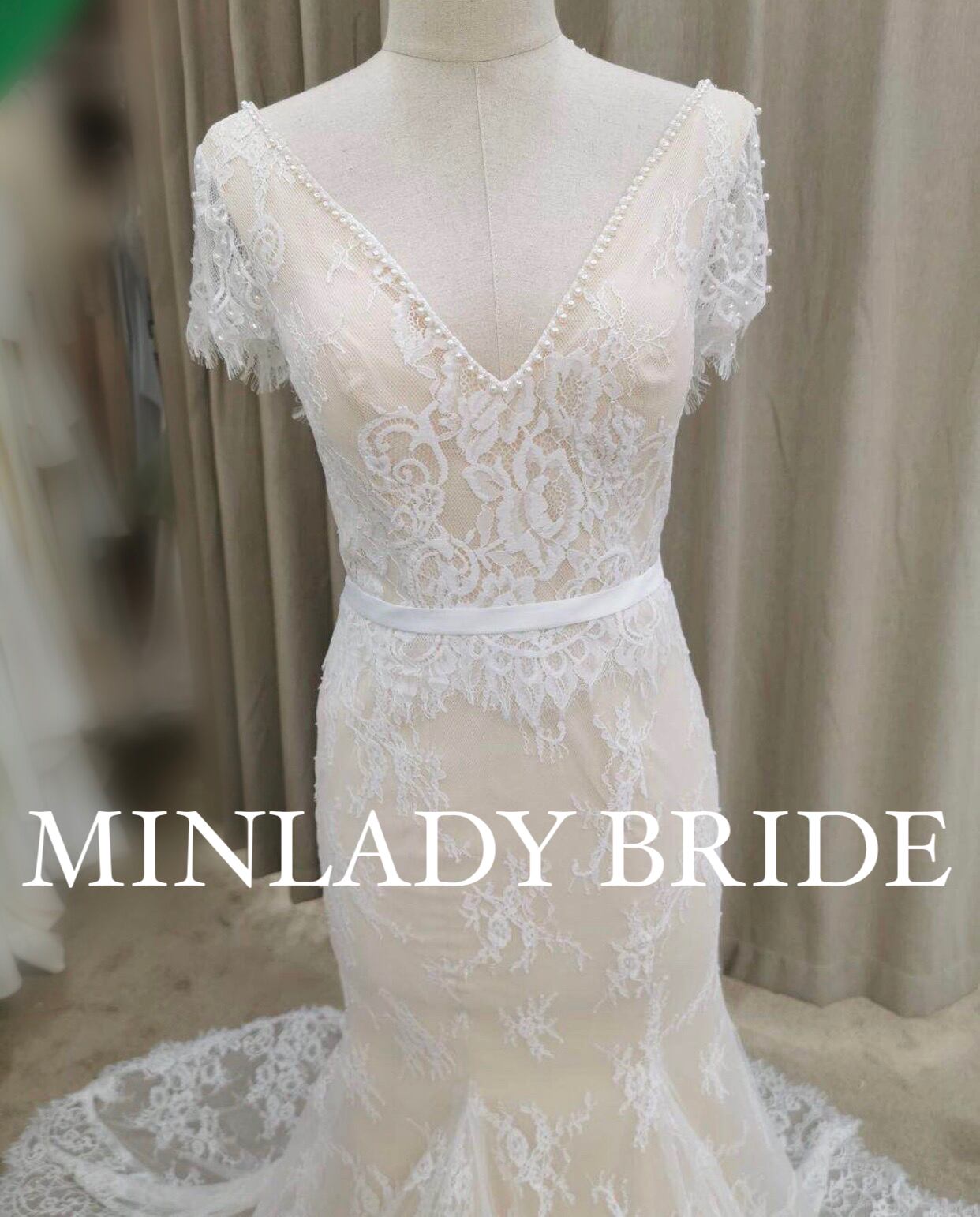 総レース マーメイドライン ウェディングドレス 半袖 | MINLADY BRIDE