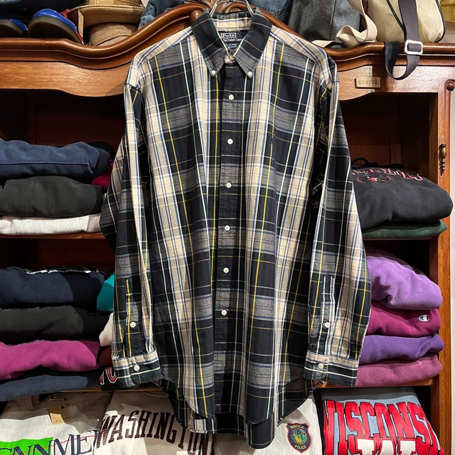 1990's POLO ralph lauren check buttondown shirt M HONGKONG製  D1216