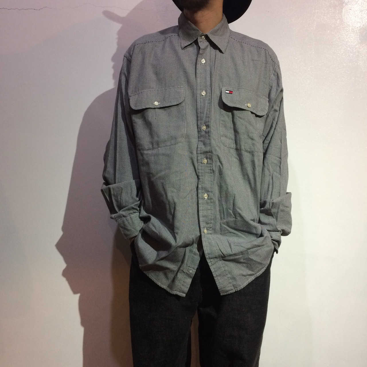 『送料無料』TOMMY HILFIGER 千鳥格子柄長袖シャツ M 90s ストリート 古着