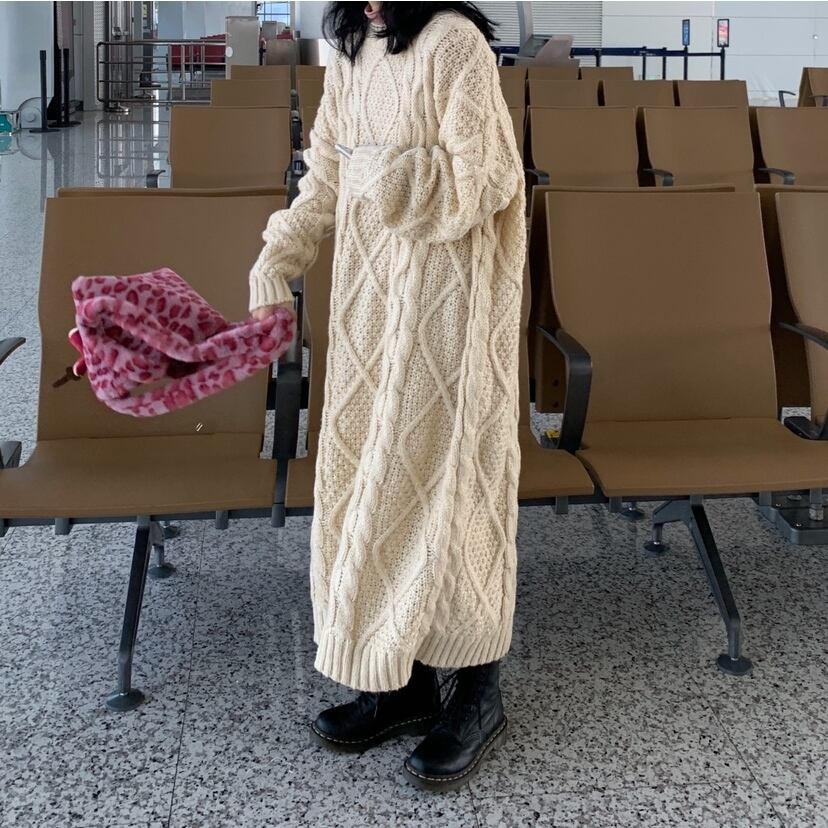 美品✨️Dw2R ローゲージニットワンピース 長袖 ケーブル編み ダークグレー