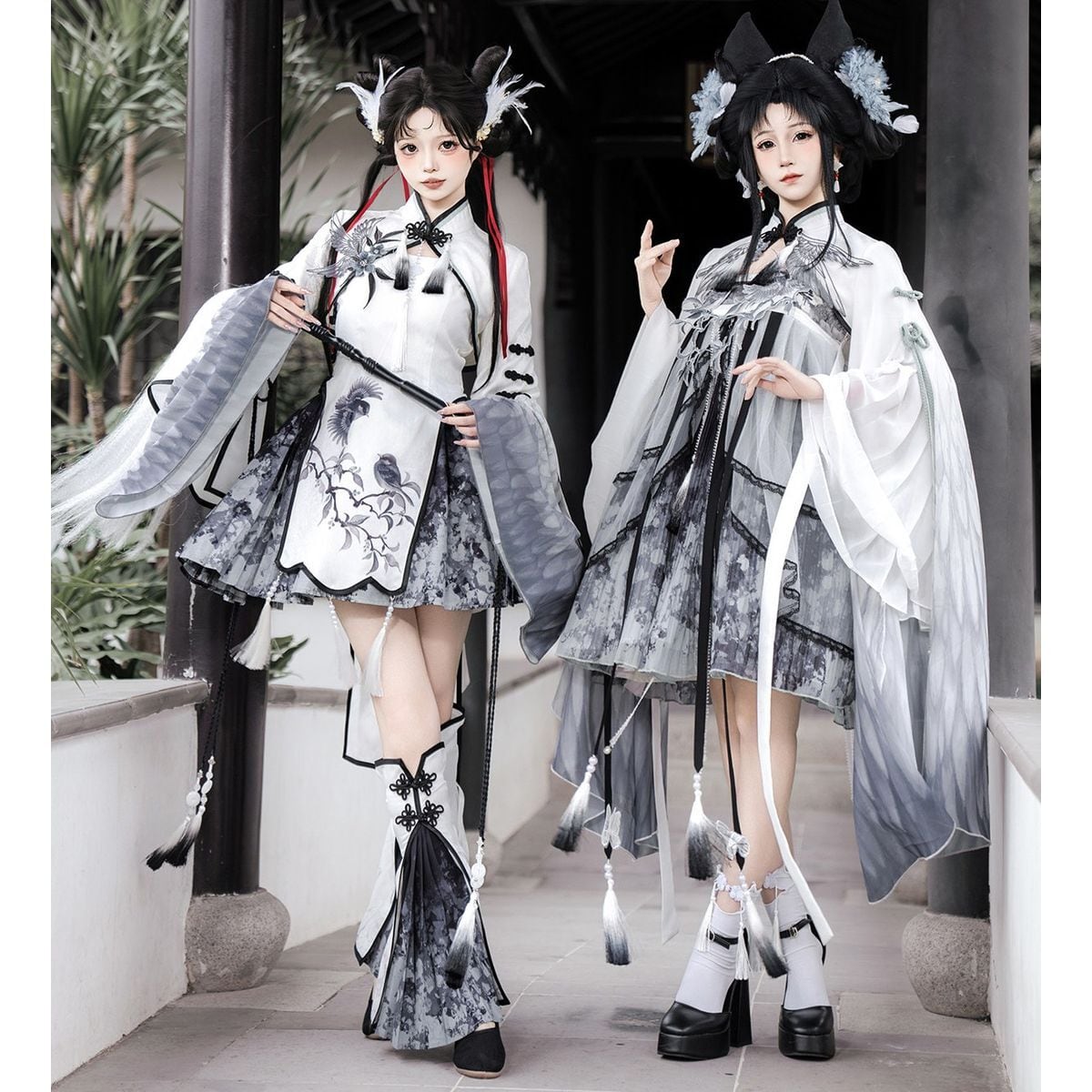 白磁に舞う墨花・振袖チャイナセットアップ：Ver.C | Maiden's Rêve