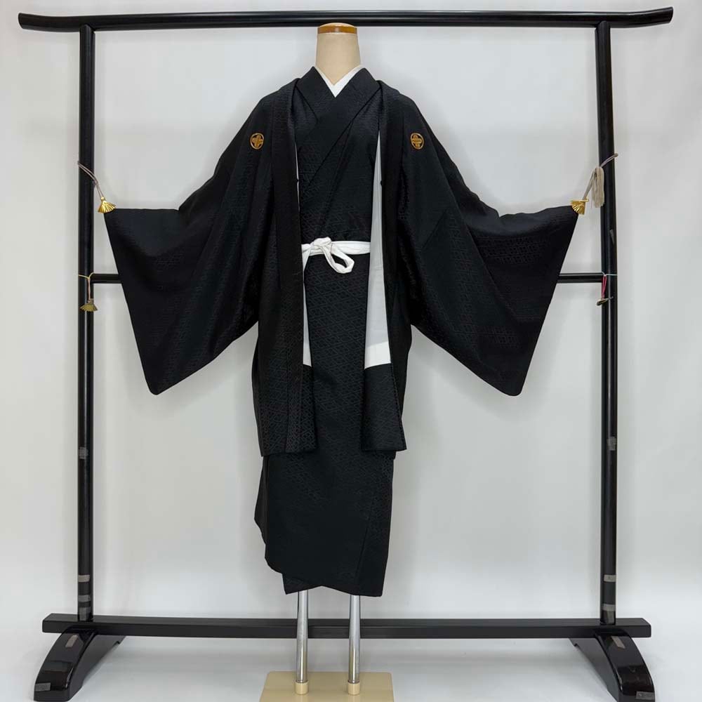 男紋付 2点セット 男着物 紋付 ポリエステル 羽織 長着 裄72.2cm L size 黒 五つ紋 中古 成人式 5043