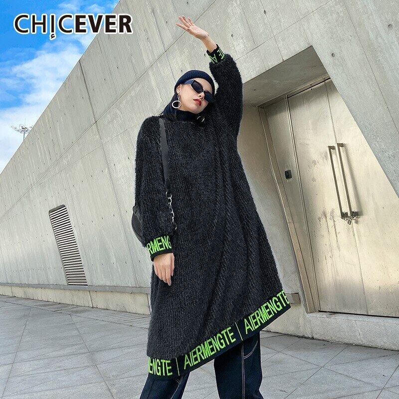 CHICEVERパッチワークセーター女性タートルネック長袖ルーズ特大レタープルオーバー ロング 6base593205771479
