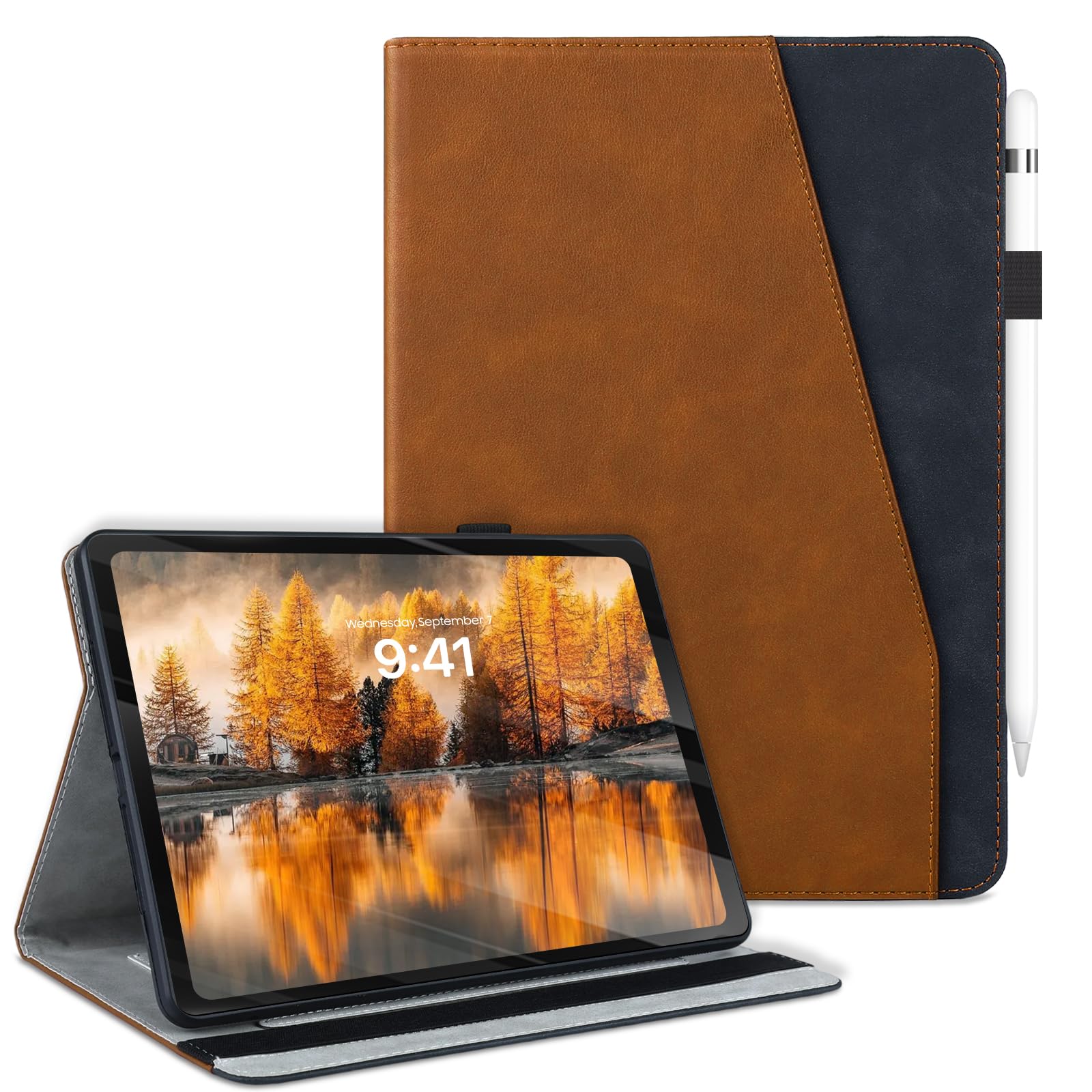 QANKISIS 用の iPad 11世代/10世代 ケース iPad(A16)11インチ 2025/10.9インチ 2022通用 高級PUレザー 二段階角度調節 カード収納&ペンホルダー付き レトロビジネス 衝撃吸収 全面保護 落下防止 防止防傷 10.9インチ(ブラウン&ブラック)