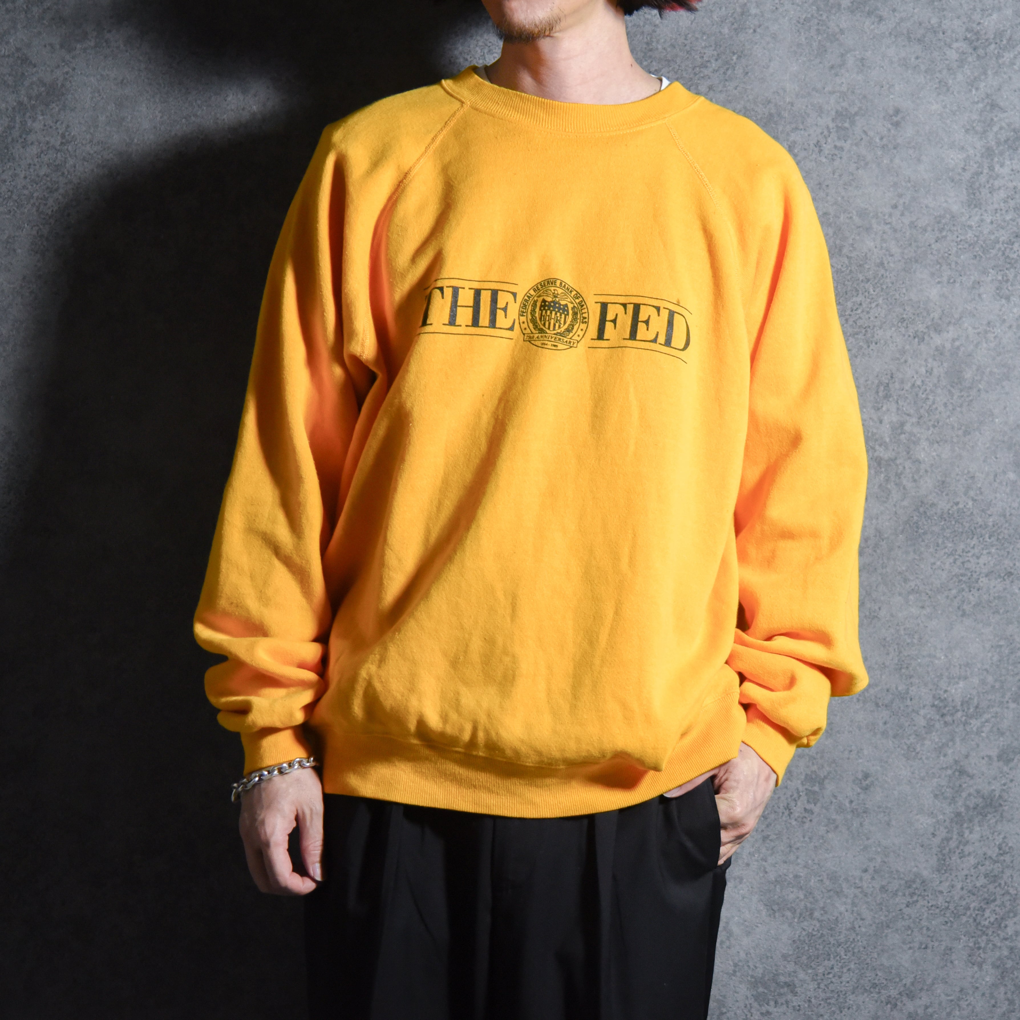 80s HANES THE FED Crew Neck Sweat Made in USA Yellow ヘインズ 企業