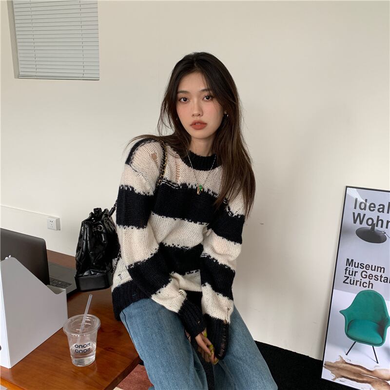 スタイルストライプスタンダードセーター オータムプルオーバー ジャケット ロング レトロ 秋物 モンロー69184609939