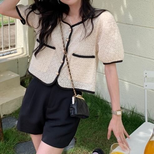 トップス レディース ブラウス シャツ 半袖 襟付き 襟あり バイカラージャケット 羽織り 総レース パフスリーブ 前開き かわいい 大人可愛い レトロ クラシック アンティーク シンプル カジュアル おしゃれ 上品 エレガント ナチュラル キュート ガーリー ルーズ 無地 フレンチ OL 通勤 学生 通学 デート お出かけ 女子会 散歩 カフェ巡り 春 夏 秋 10代 20代 30代 ママ 韓国 韓国系 着回し 普段使い 体型カバー ファッション コーデ モテ トレンド 流行 アプリコット 送料無料