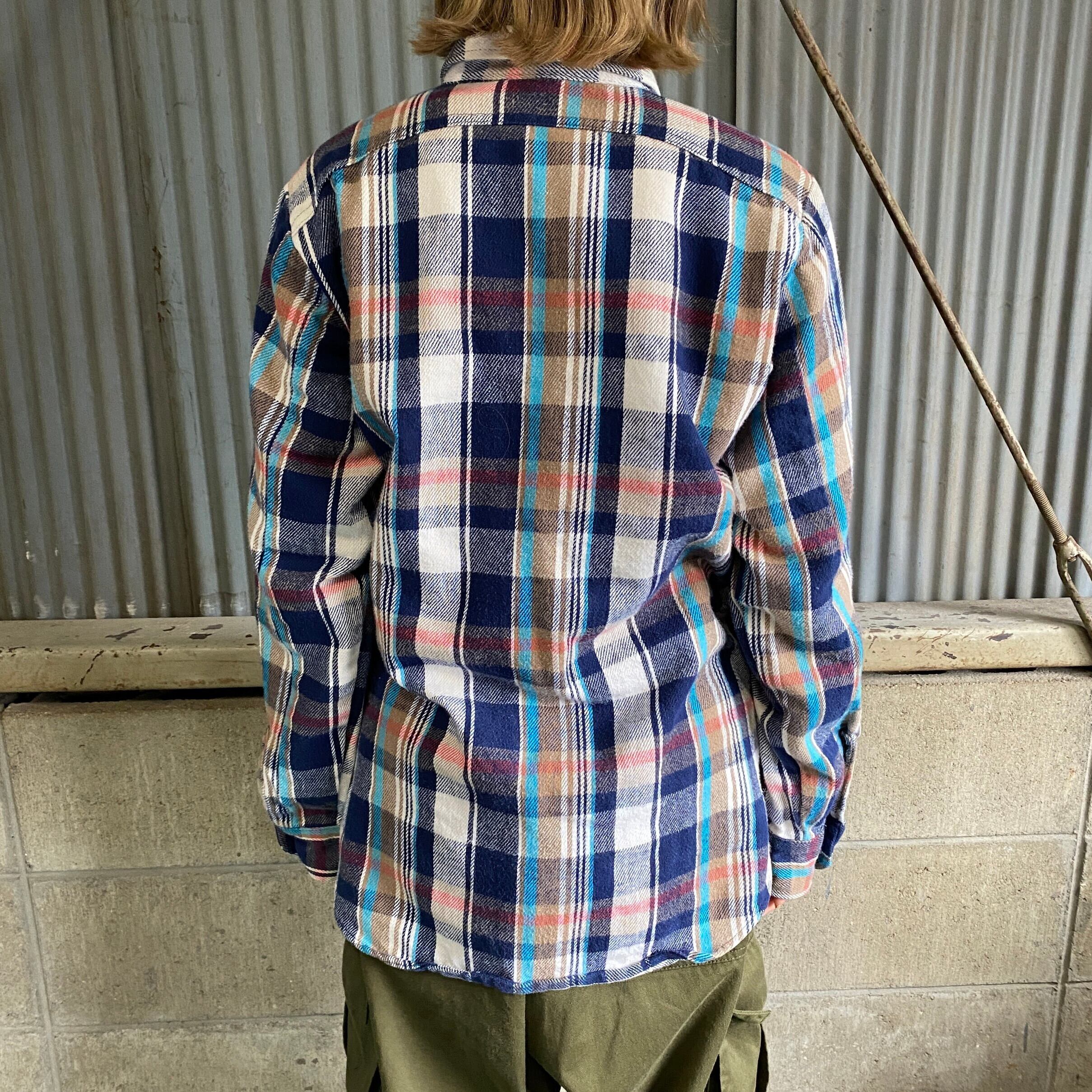 希少デッドストック70's BIGYANKネルシャツ/ベージュx紺/Mサイズ