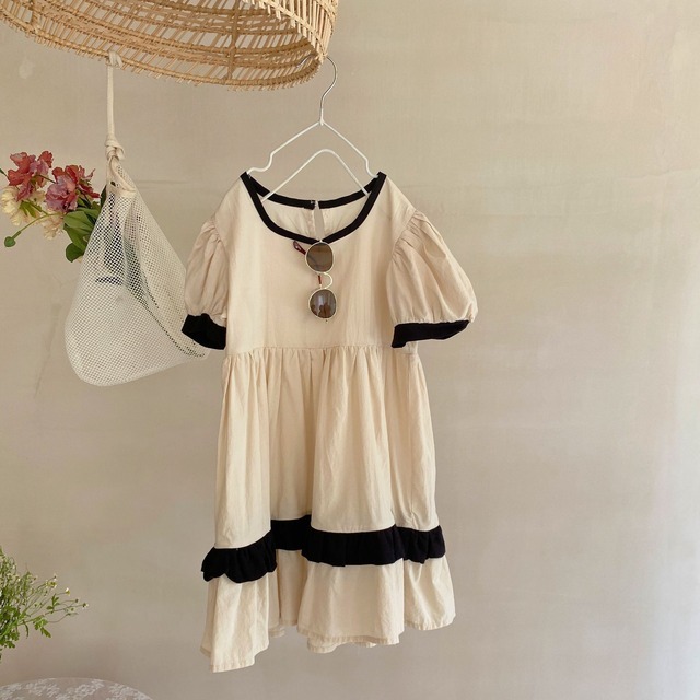 【夏物SALE】20%off【即納】コットンワンピース バイカラードレス シンプルツートーン 韓国子供服 半袖
