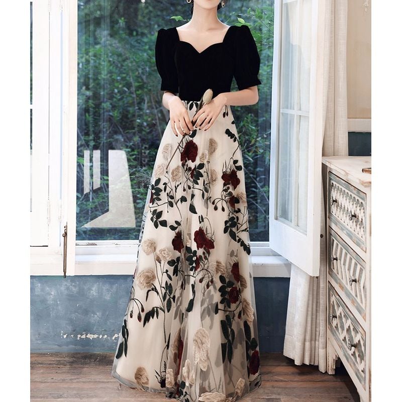 フラワーステッチ ロングドレス D1171 | 演奏会・ステージ・パーティー