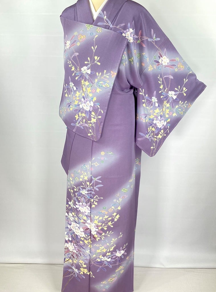 京加賀友禅 作家物 未使用 訪問着 正絹 花柄 紫 青 白 974 | kimono Re ...