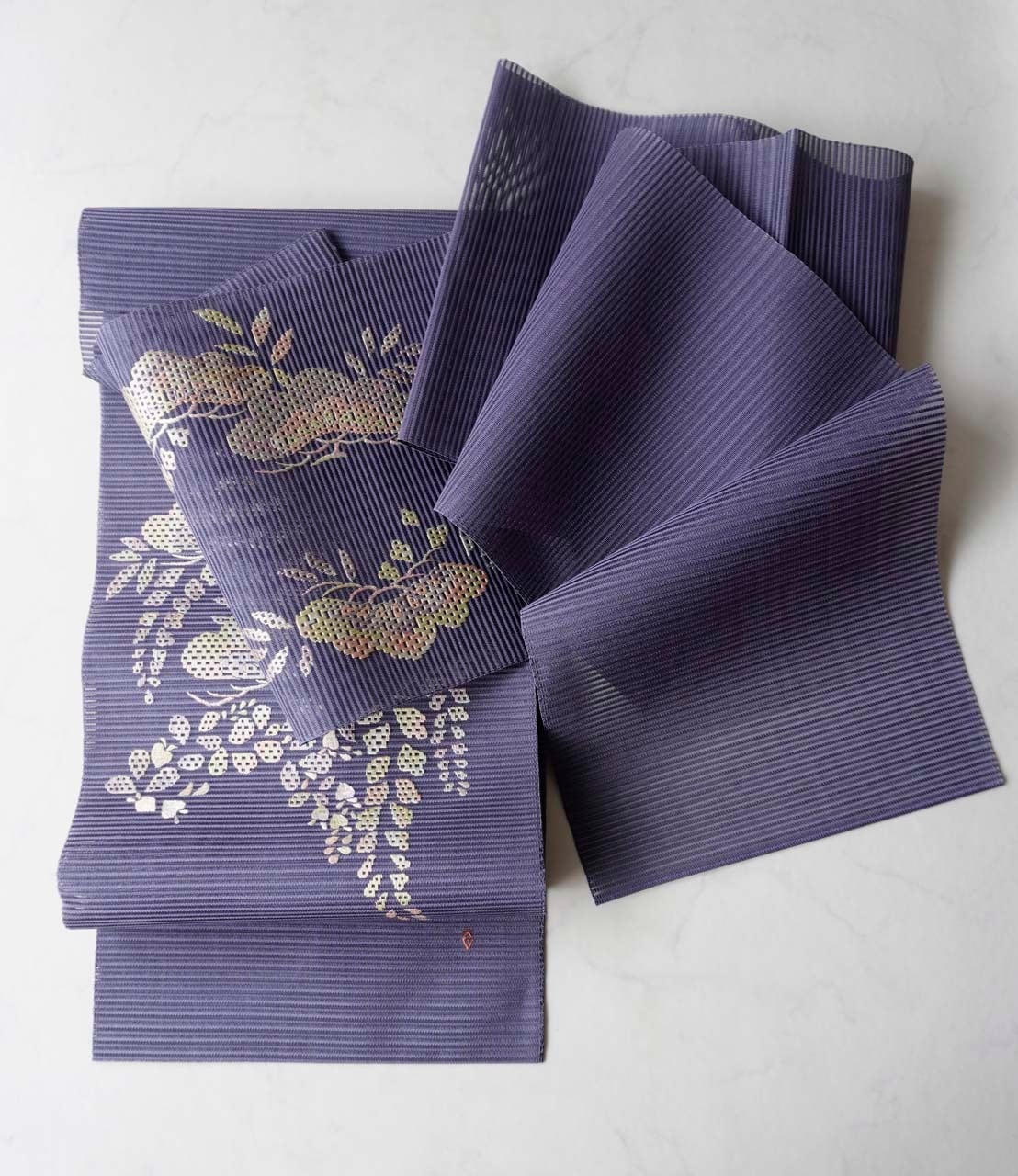 夏なごや帯】藍色鳩羽色地 松藤文刺繍 絽綴れ なごや帯 未使用品