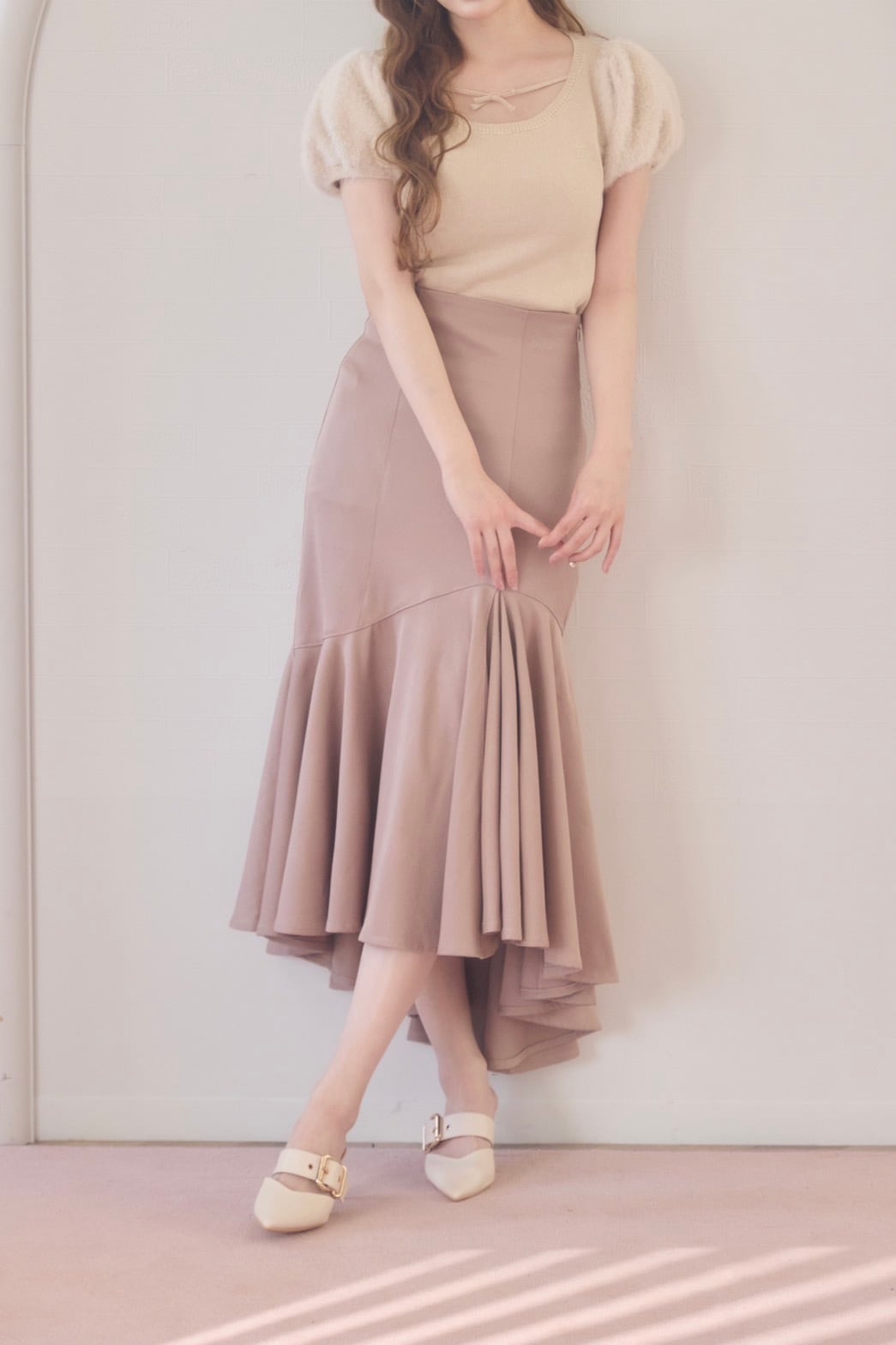 asymmetry ruffle mermaid skirt (pink)