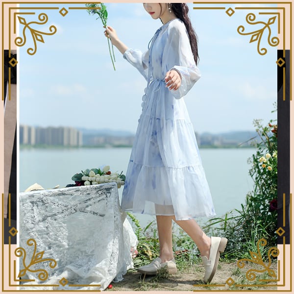 【Vikini Vender】ルージーフローラルシフォンワンピース ♢シースルーのブルーシフォンワンピース♢ trnd999 | Re:tro